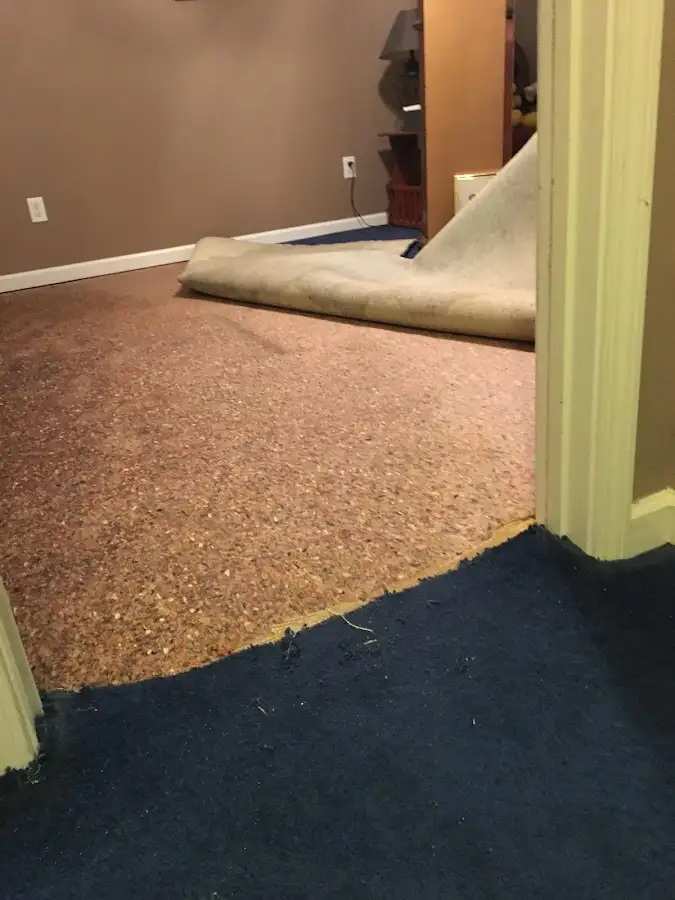 Carpet pad removal revealing water damage during Drying & Dehumidification in Elsa